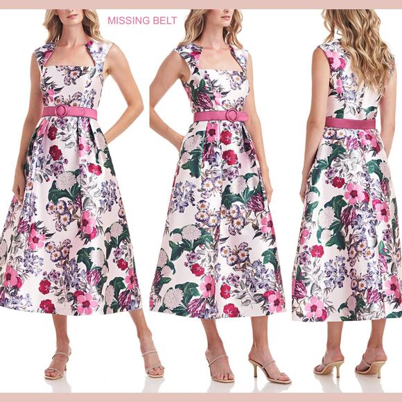 NWD $298 Kay‎ Unger [ 6 ] Alma Tea Length Floral Midi Dress Sangria NO BELT - Picture 1 of 16